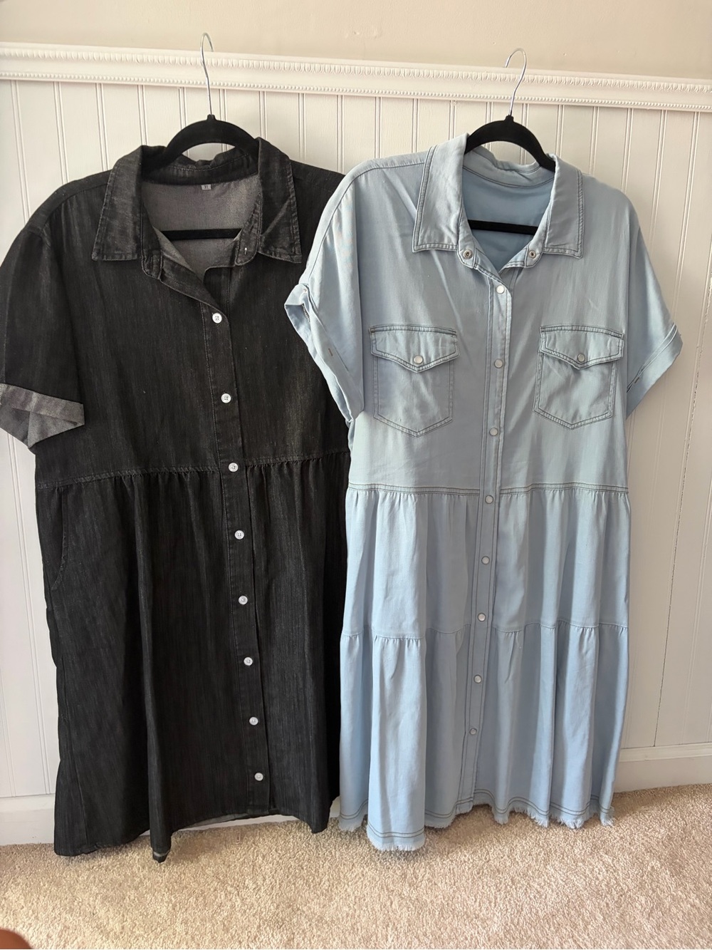 Light Blue Short-Sleeve Tiered Shirt Dress with Snap Front